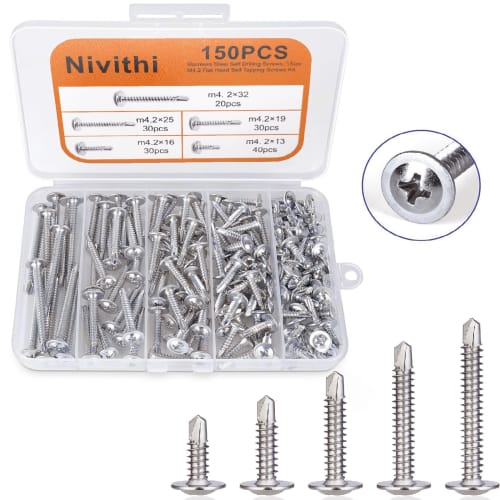 Nivithi Self-Drilling Screw Set, 150 Screws (M4.2 x 13/16/19/25/32mm), Stainless Steel, for Fastening Steel Plates and Thin Sheet Metal, Silver, SR42S