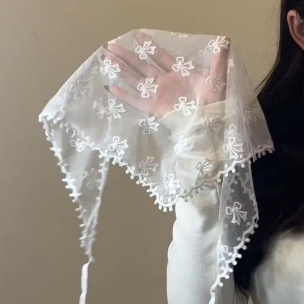 Bowknot Bow Hair Scarf Countryside Style Triangle Scarf Vintage Lace Triangle Bandana  Travel