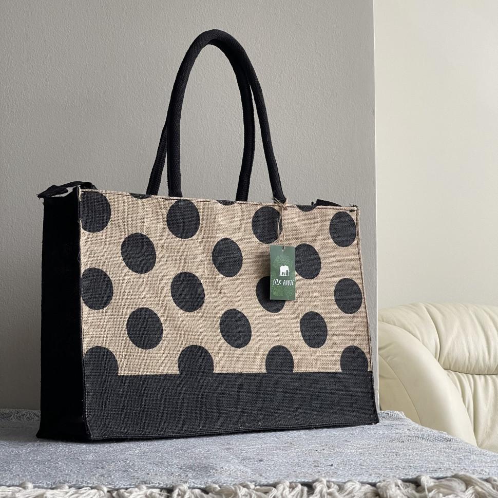 

Jute Shopping Bag Eco Shopper Beach Bag SRBG-27 Black Dots