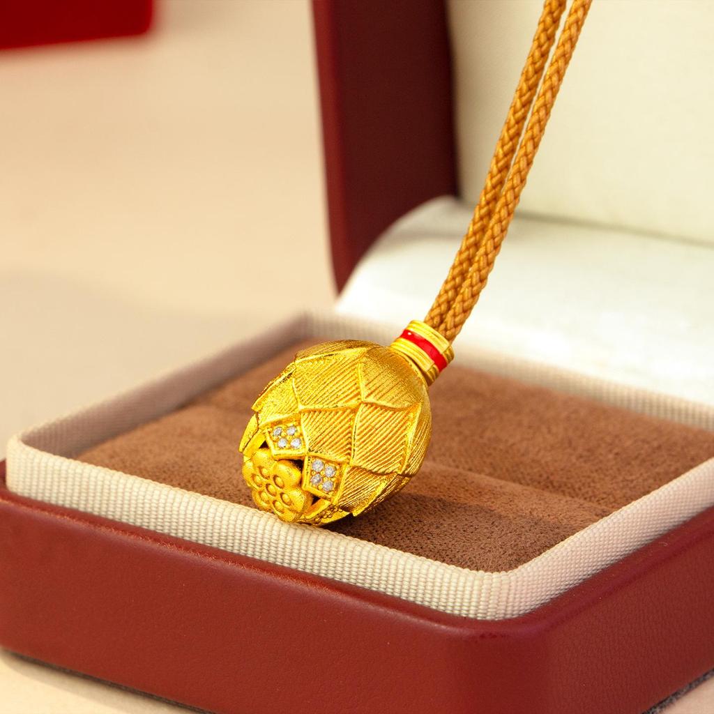 Shop Style Gold Lotus Seed Micro-Pave Brushed Pendant Necklace with Braided Rope – Light Luxury, Simple Design.