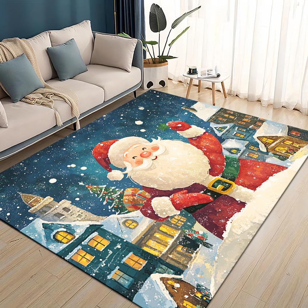 Merry Christmas Cartoon Santa Claus Snowman New Year Gift Carpet Rug for Living Room Bedroom Home Sofa Decoration,Non-slip Mat