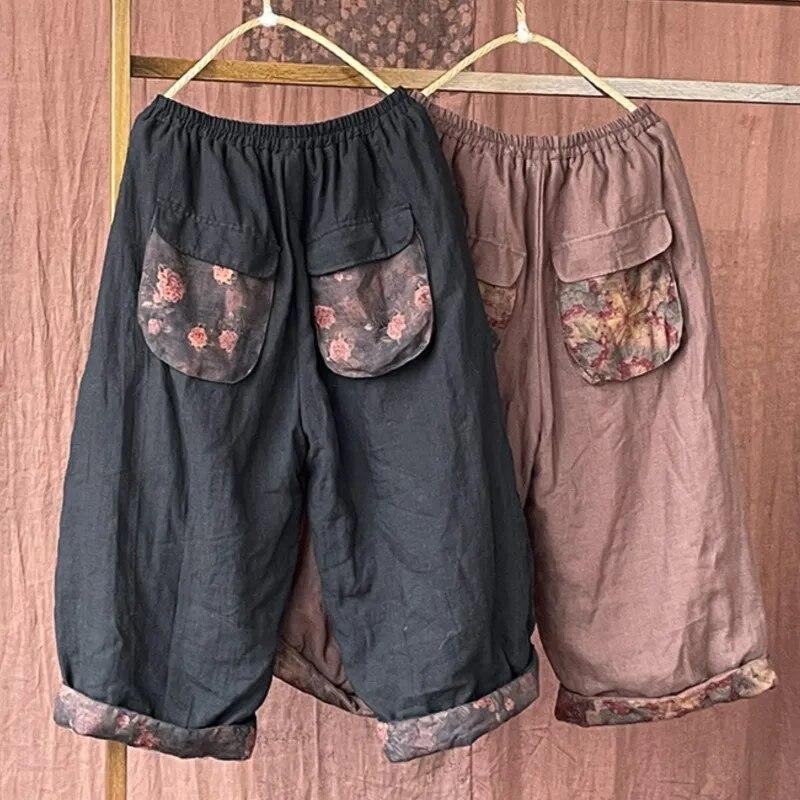 Johnature Frauen Vintage Leinen Breite Bein Hosen Elastische Taille Patchwork Taschen Herbst Einfarbig Frauen Kalb-länge Hosen