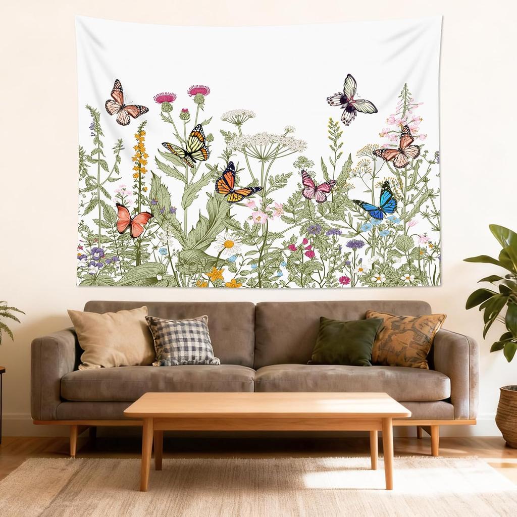 Floral Butterfly Tapestry Wall Hanging, Sage Green Leaves and Wildflower Butterfly Wall Decor Spring Plant Tapestry for Bedroom