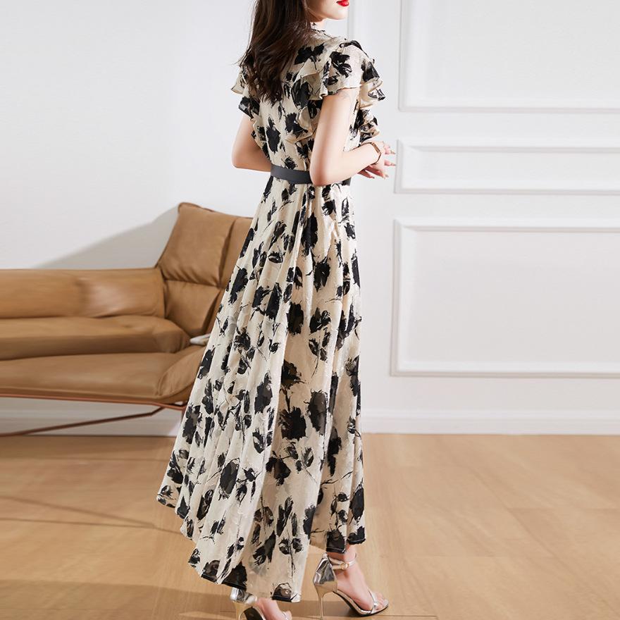 Printed Lotus Leaf Edge Dress Women's Summer New Fashion Temperament Elegant Waist and Thin Skirt