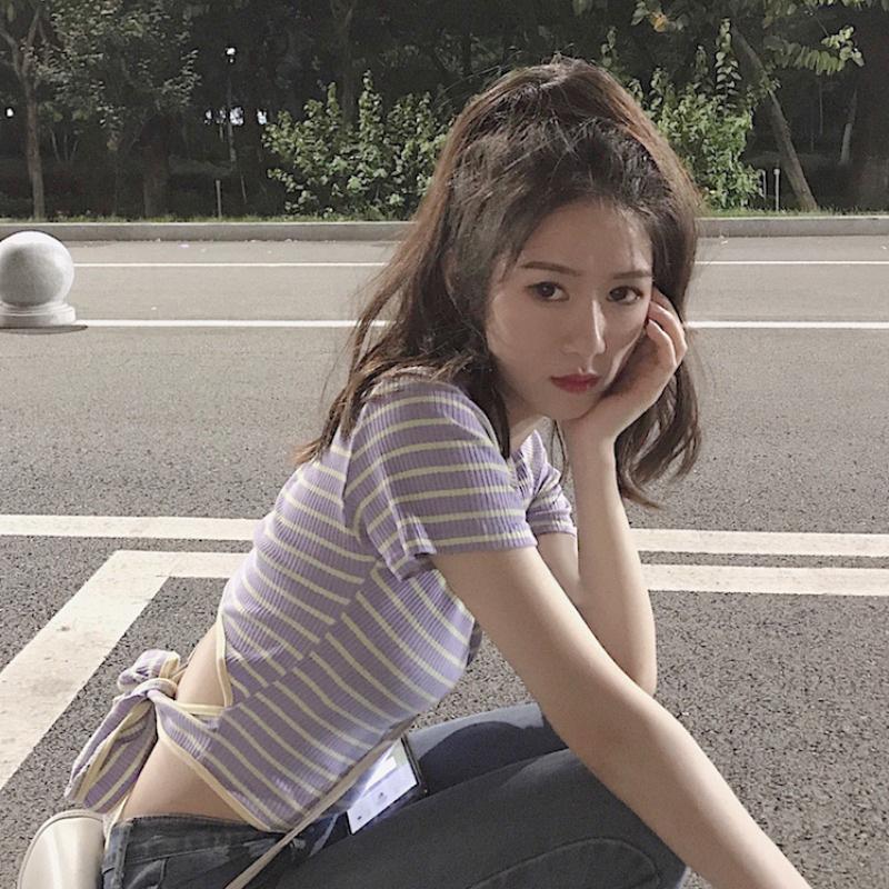 

Футболка с короткими рукавами в полоску с открытой спиной для женщин, летний новый дизайн, короткий студенческий топ на бретелях XL