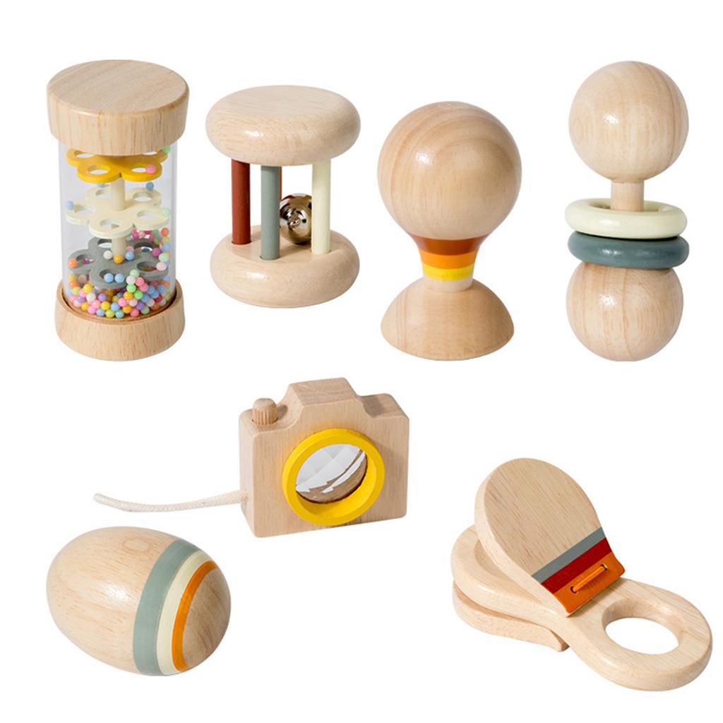 7-Piece Wooden Baby Toy Set, Inspiring Musical Instruments For Infant Baby Toys, Toddler Hand Wooden Rattle Toy Set For Baby To Grasp With Storage Bag