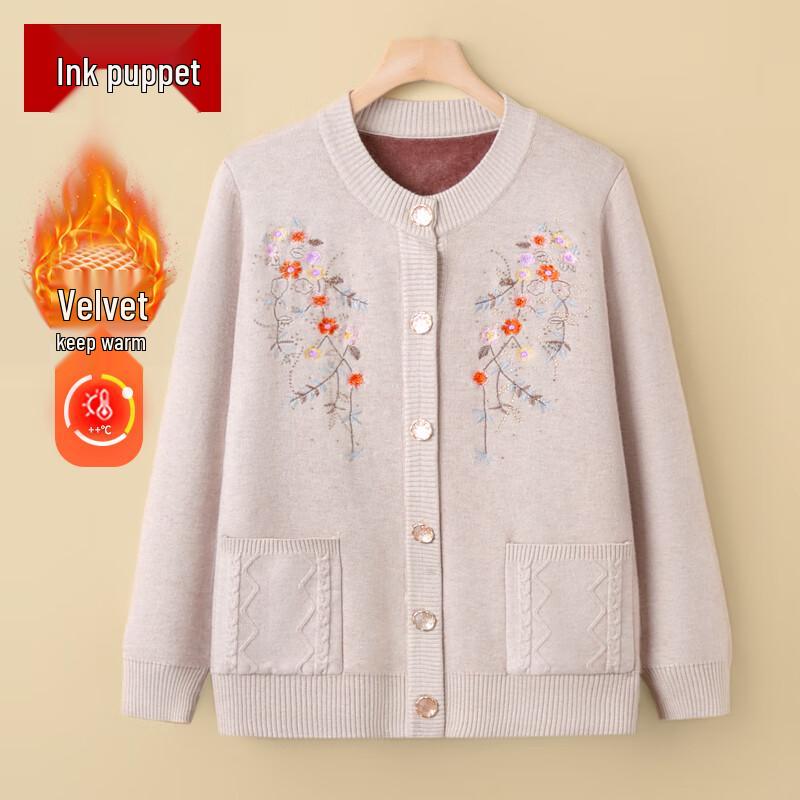 Elderly Women s Warm Velvet-Lined Knit Cardigan One Size