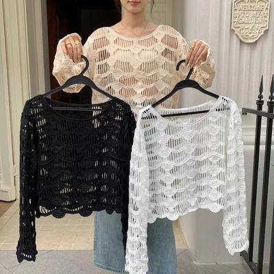 Suéter de Punto Calado Transparente de Verano 2025 Blusa de Encaje de Crochet Protector Solar para Mujer Nueva Camisa Suelta Fina Cuello Redondo Cubre Top Corto Sexy 3663