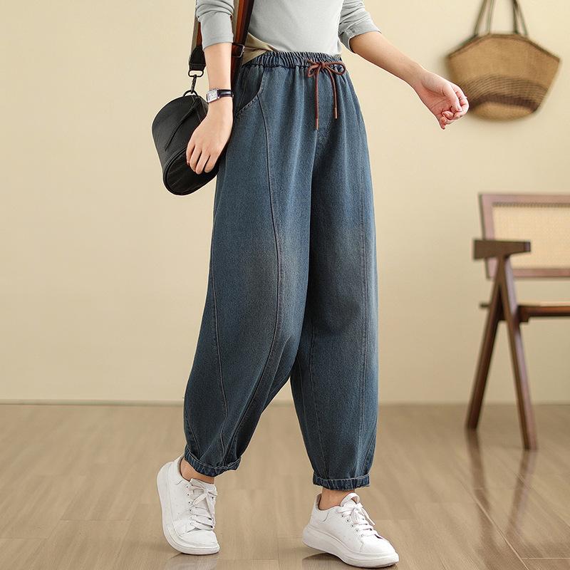 Wash Spliced Denim Pants Autumn All Match Loose Casual Harem Pants for Women Summer High Waist Blue Jeans 2025