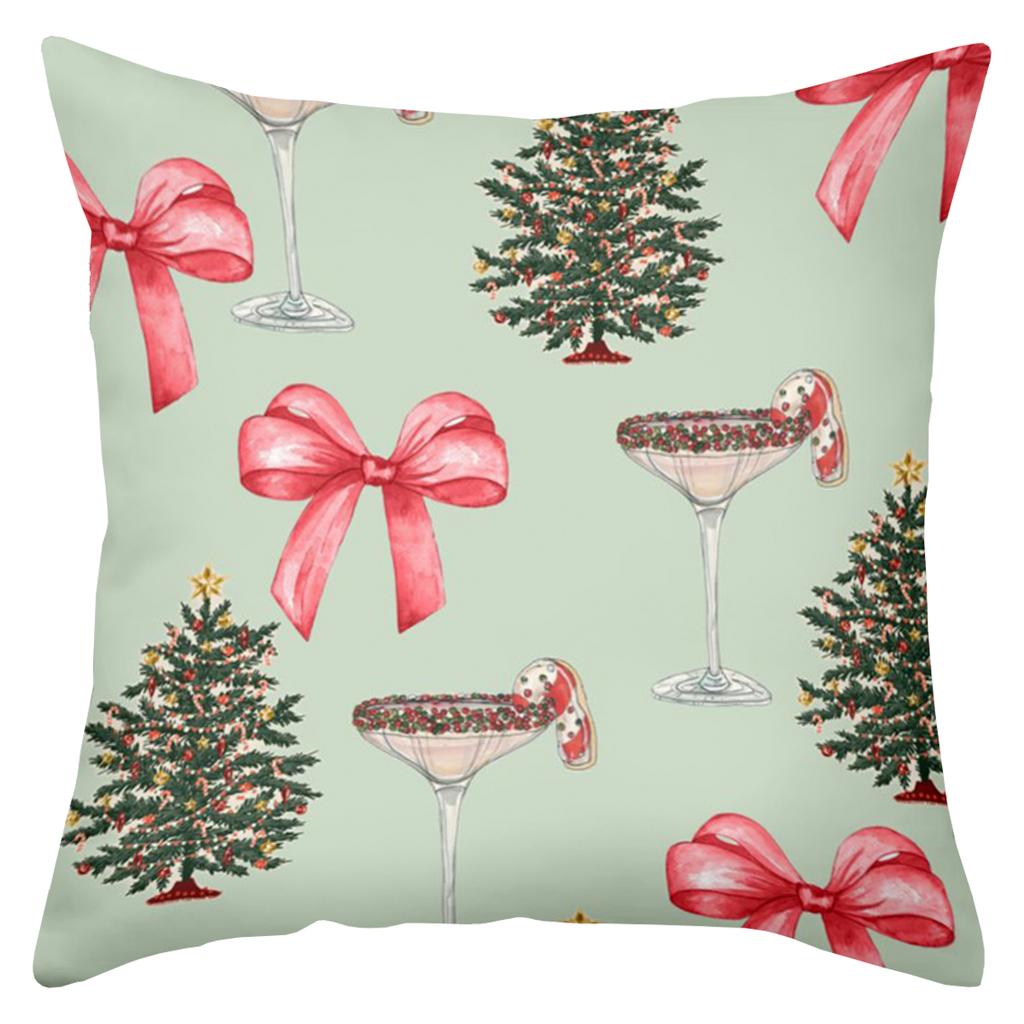 Christmas Pattern Pillows With Bow Tree And Wine Glass Polyester pillowcase, sofa decorative cushion cover, bedside throw pillow