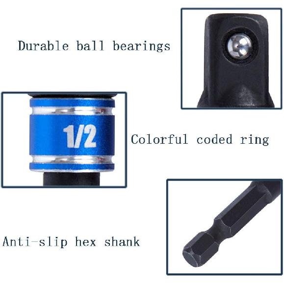 Impact Grade Power Hand Tools Driver Sockets Adapter Extension Set, 3Pcs 1/4 3/8 1/2" Hex Shank Drill Nut Driver Bit Set + 105 Degree Right Angle