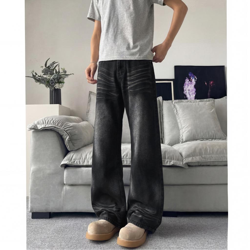 Jeans men's baggy jeans loose and old washed light blue straight trousers American retro trendy brand