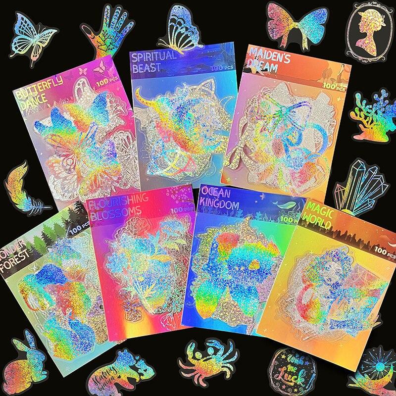 100pcs PET Laser Flash Stickers Magic World Butterfly Blooming Camellia Flowers Creative Retro Transparent Waterproof Stickers