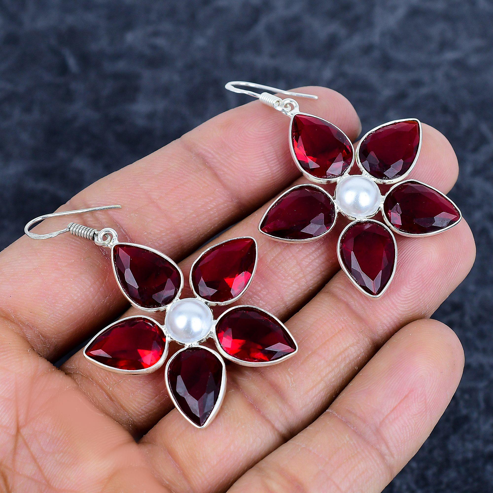 

Garnet, Pearl Gemstone Handmade 925Sterling Silver Jewelry Earring 2.17 M-3141