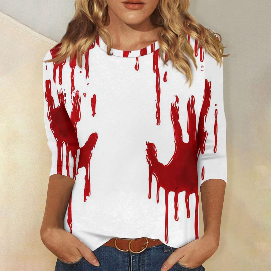 Women's Fashion Casual Three-quarter Sleeve Halloween Printed Round Neck Top