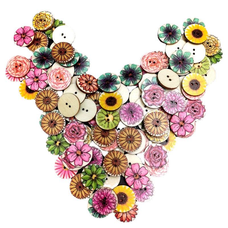 Retro Wooden Buttons for DIY & Toddler Crafts, Double Hole, 100 Pack, Colorful Print