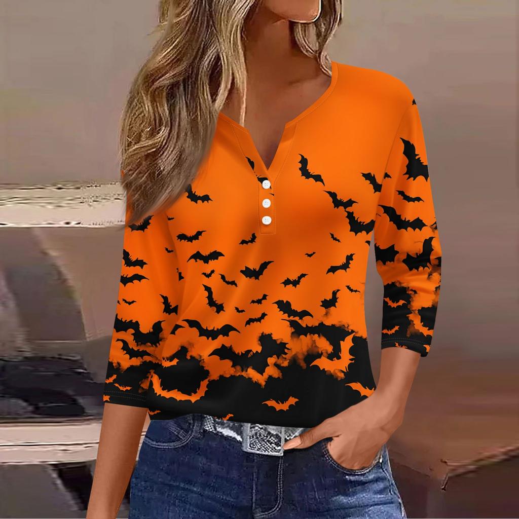 Women's Casual Fashion V-neck Loose Versatile Halloween Print Three-quarter Sleeve Top