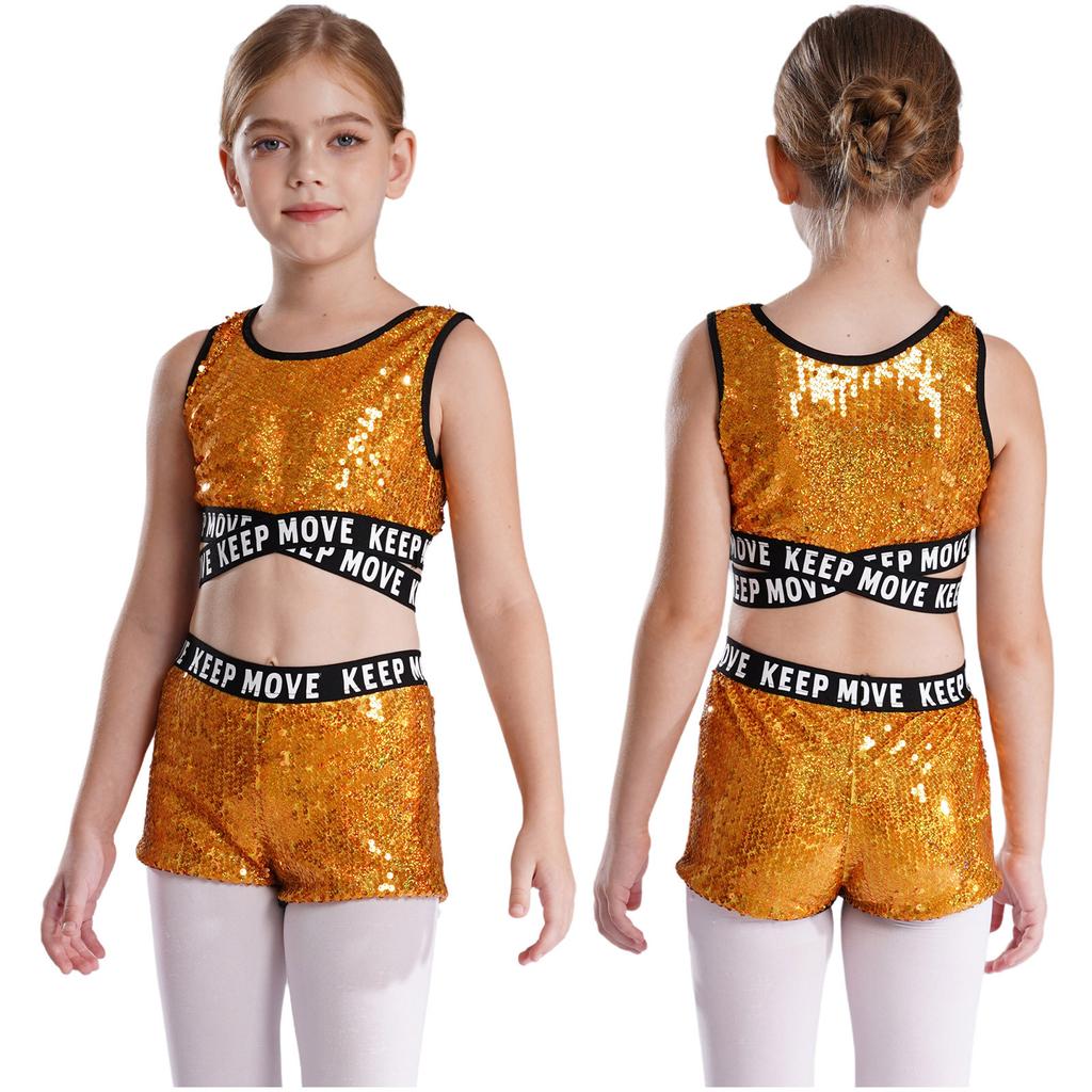 Kids Girls Sparkling Sequins Dance Clothes Set Sleeveless Criss Cross Straps Crop Top with Shorts