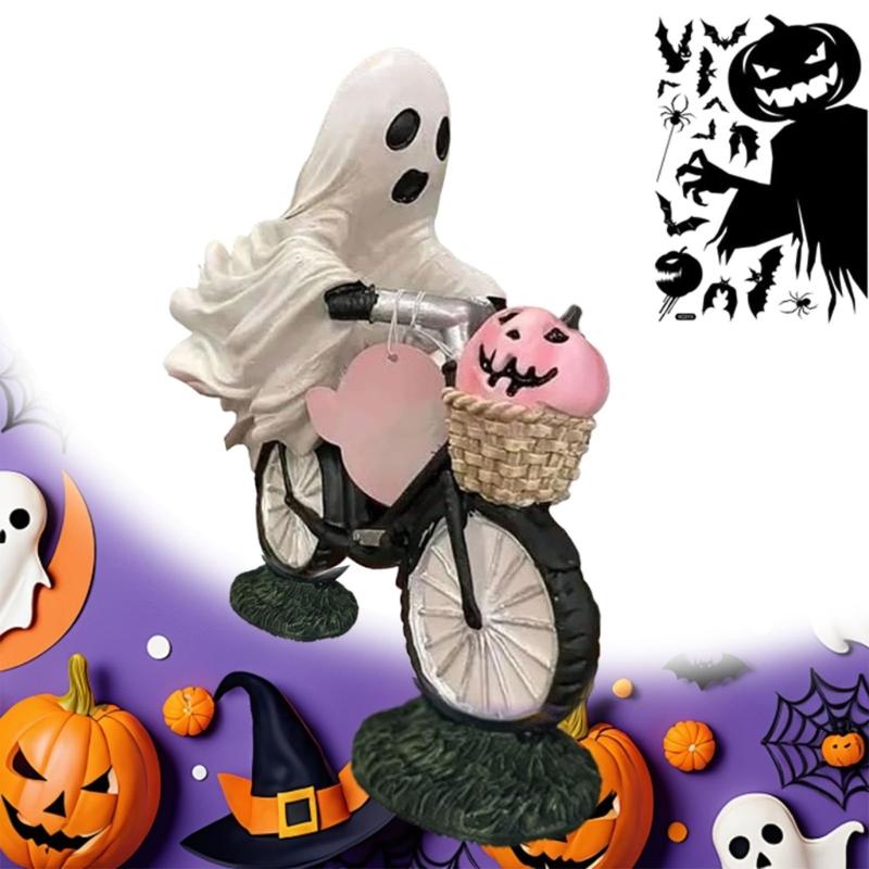Ghostly Riding on Bicycles with Pumpkin Figurine Sculpture Indoor and Outdoor Resins Ornament Halloween Party Decoration