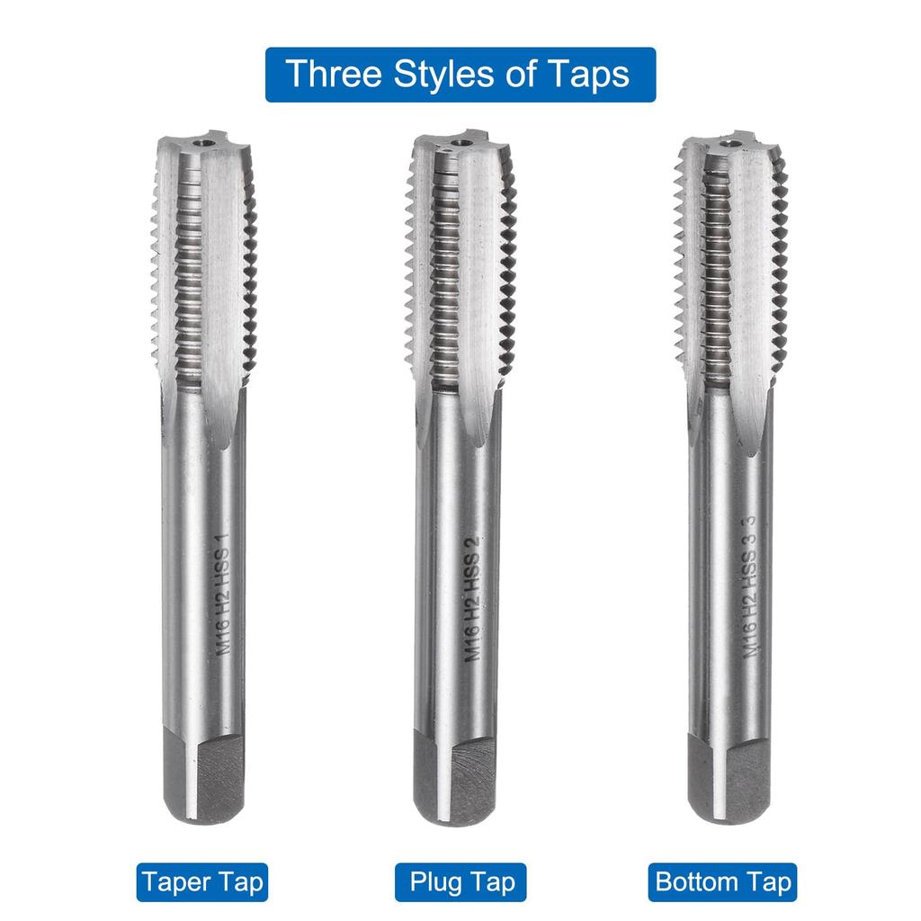 Uxcell Metric Hand Tap M16 X Thread High Speed Steel Hand Threading Tapping Tool Kit Set, 2, Taper/Plug/Bottom Taps,