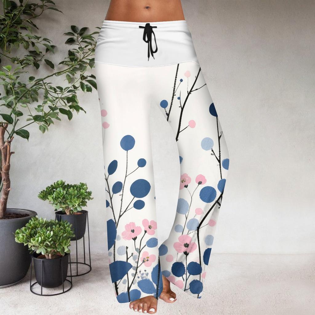 Women's Drawstring Elastic Waistband Wide Leg Color Matching Floral Printed Casual Pants