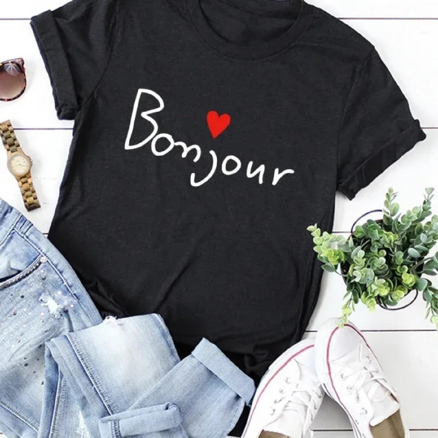 

Bonjour Heart Print Women T Shirt Short Sleeve O Neck Loose Women Tshirt Ladies Tee Shirt Tops Clothes Camisetas Mujer XXXXXL різнокольоровий