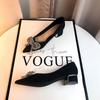 Pointed Black Thick Heel High Heels Women's New Spring and Summer Bow Temperament Professional French Suede Shoes