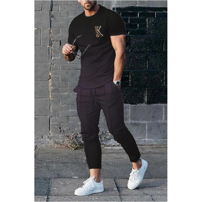 Pantaloni Estivi da Uomo Tuta Set 2 Pezzi Maglietta a Maniche Corte con Stampa 3D Divertente Cuore Sanguinante+Pantaloni Lunghi Abbigliamento Street