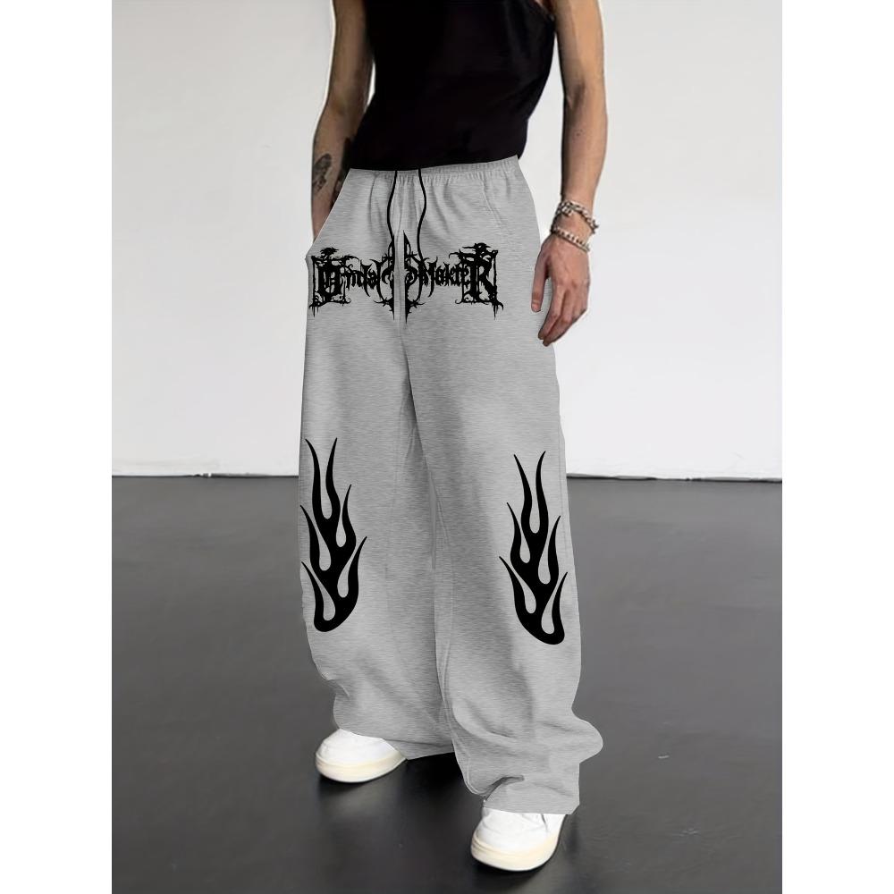Spodnie Zimowe Streetwear z Nadrukiem Płomieni Szerokie Nogawki Męskie Ubrania Codzienne Siłownia i Luźne Spodnie Modny Styl Uliczny