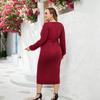 Plus Size Women Spring Autumn Long Sleeve V Neck Solid Color Tie Waist Midi Dress