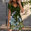 Summer Fashion Women's V Neck Short Sleeve Blooming Flowers Printed  Dress Sex Short Skirt Dresses