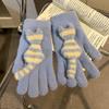 Cute Striped Cat Finger Knitted Wool Gloves Female Winter Thickened Warm Cold Student Riding