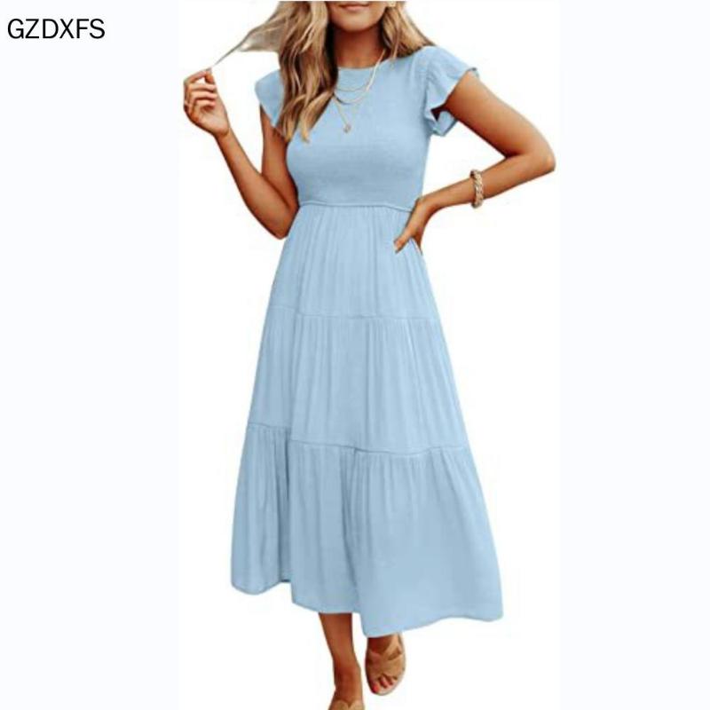 Damen-Fly-Sleeve-Fly-Sleeve-Plissee-Lagen-Kurzarmkleid mit großem Schwung