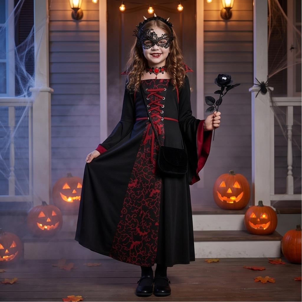 Girls Halloween Witch Costume Lace-Up High Collar Dress Set