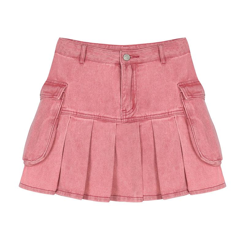 

Женские розовые джинсовые плиссированные юбки, повседневные тонкие Y2k с высокой талией, милая летняя юбка в корейском стиле XS розовый