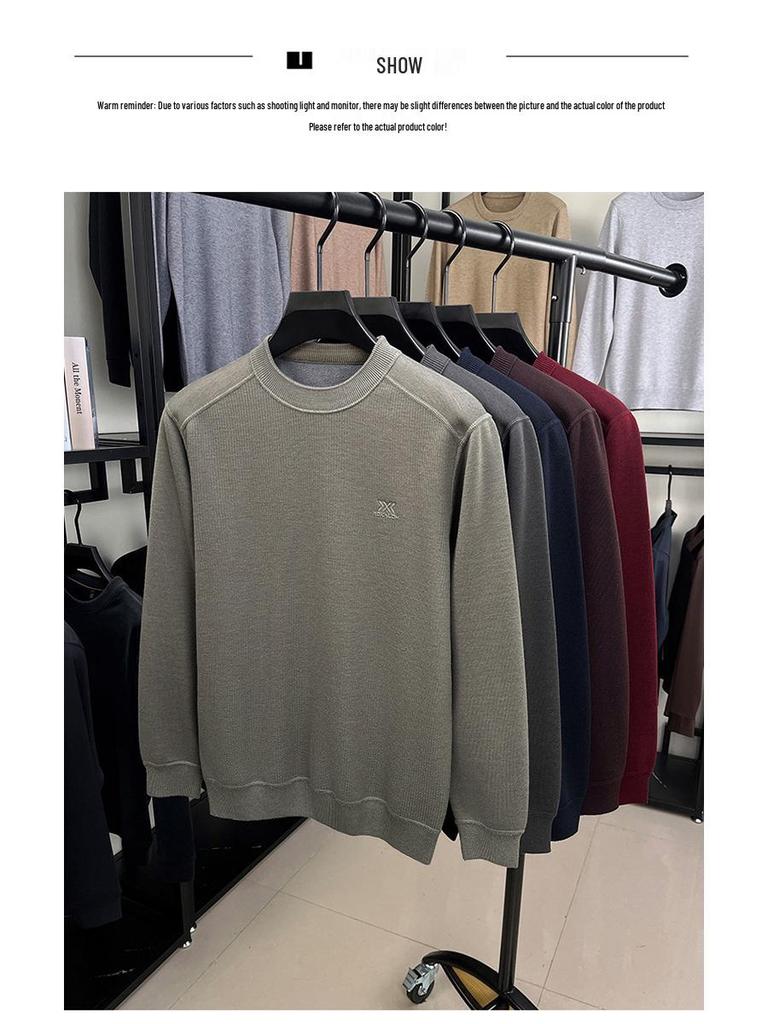 Men's High-Quality Casual Crew Neck Merino Wool Fleece Sweater - Warm, Thickened, Knitted Base Shirt