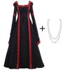Medieval Retro Hooded Dress with Square Neck, Lace-Up Detail, and Bell Sleeves