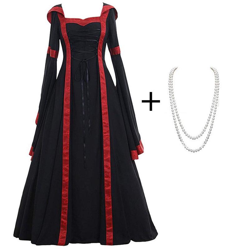 Medieval Retro Hooded Dress with Square Neck, Lace-Up Detail, and Bell Sleeves