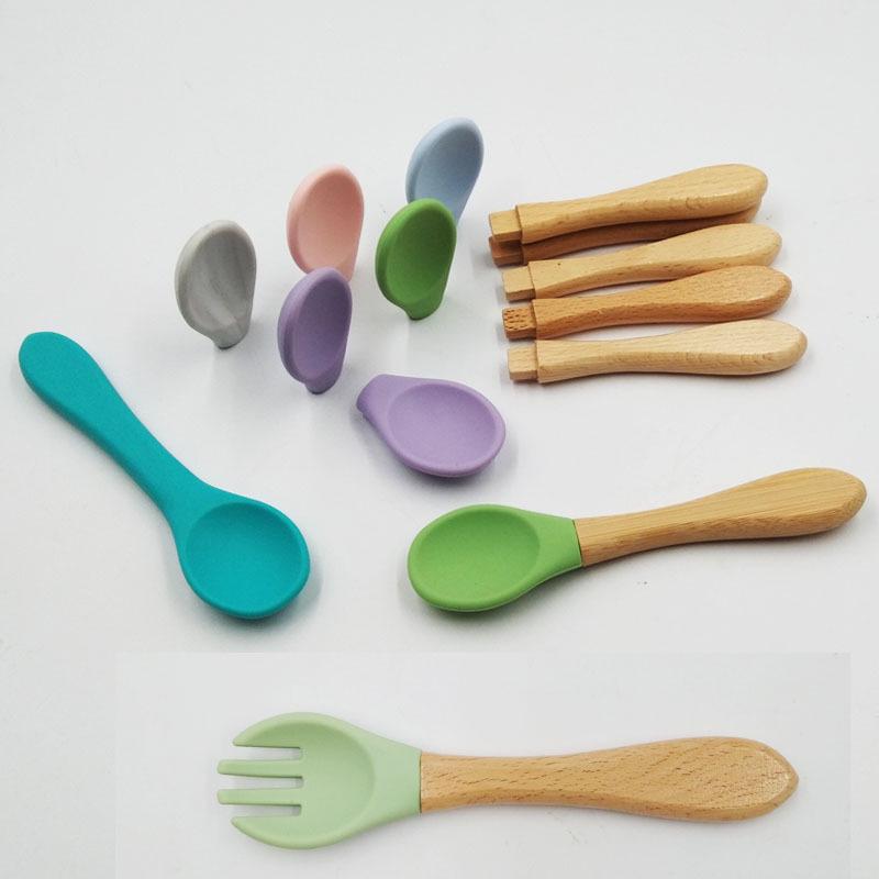 Children s Wooden & Silicone Feeding Set: Baby Training Bowl, Spoon, Fork, and Food-Grade Soup Spoon. Silicone Fork