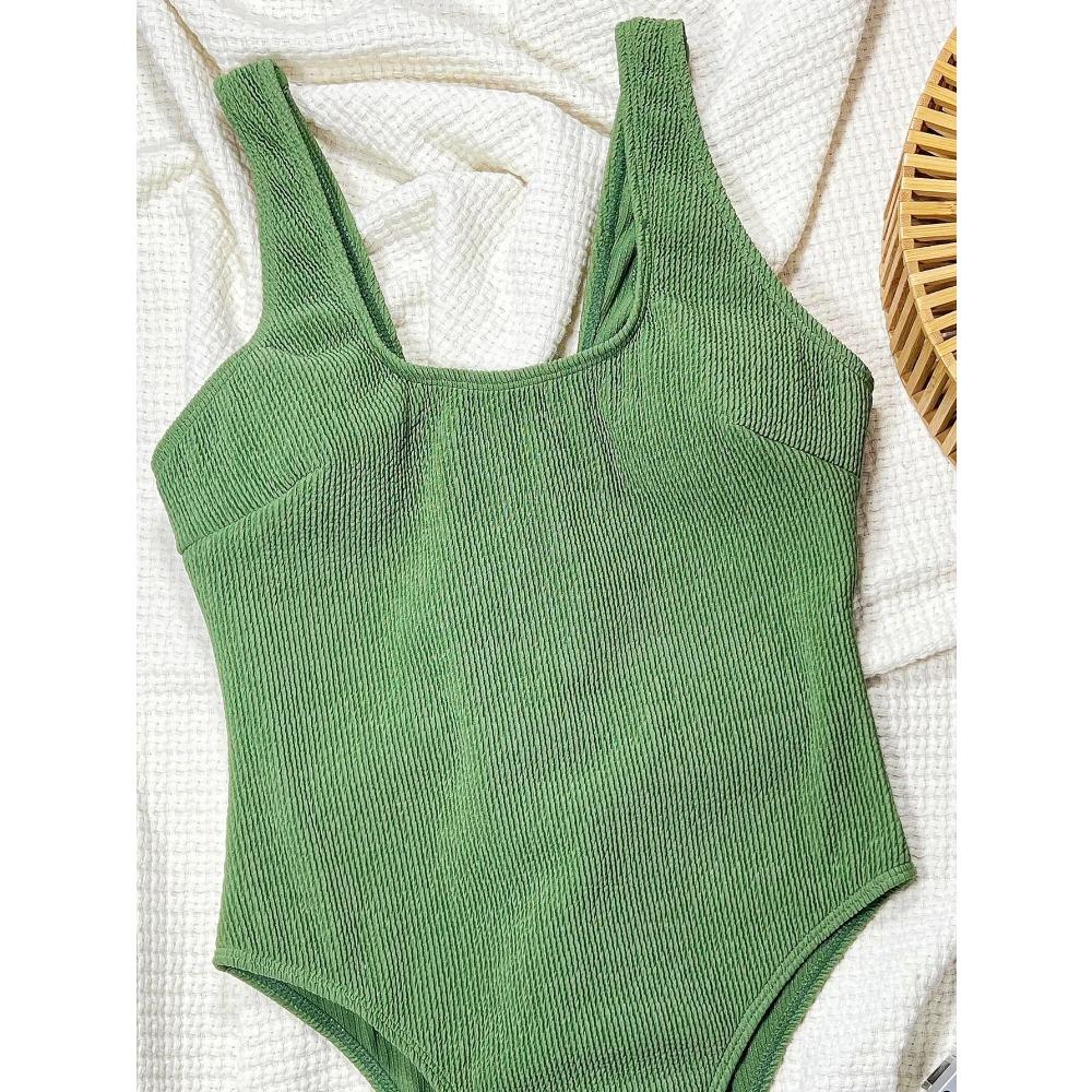 2026 Nuovo Costume da Bagno Intero a Coste Monocolore Push Up Costumi da Bagno Femminili Scollo a U Verde Costume da Bagno Monokini