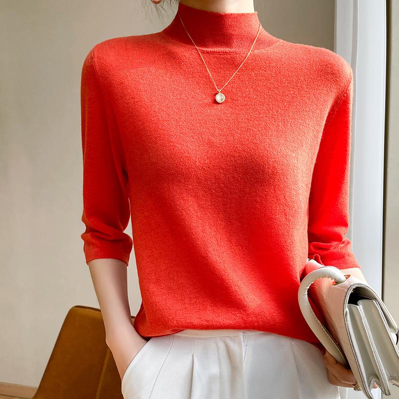 Women's Slim-Fit Half-High Collar Knit Top with Mid-Length Sleeves