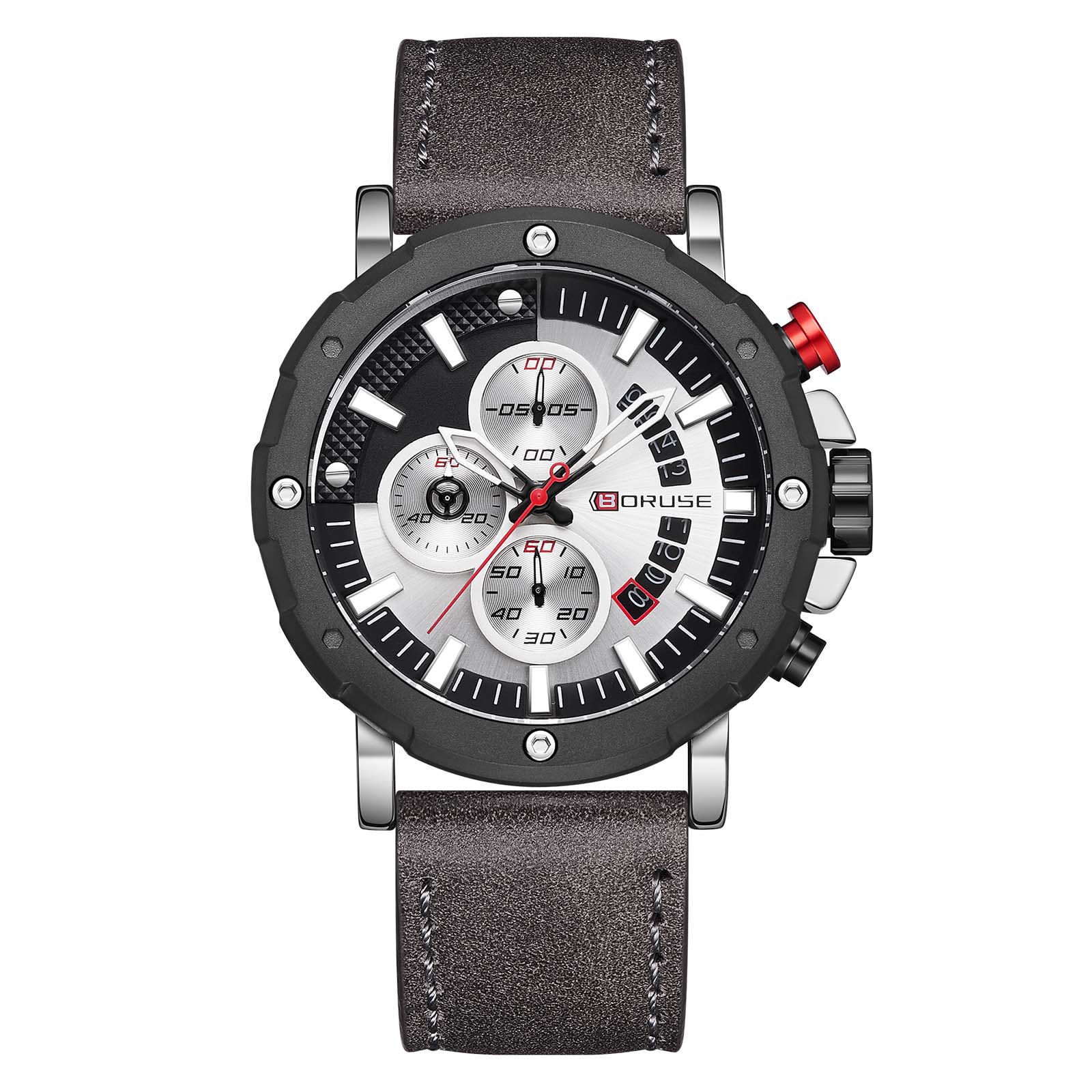 

BORUSE Мужские деловые часы Pointer Quartz Мужские часы Luxury Round Мужские часы Кожаный ремешок для мужчин Аналоговые мужские часы с календарем серый