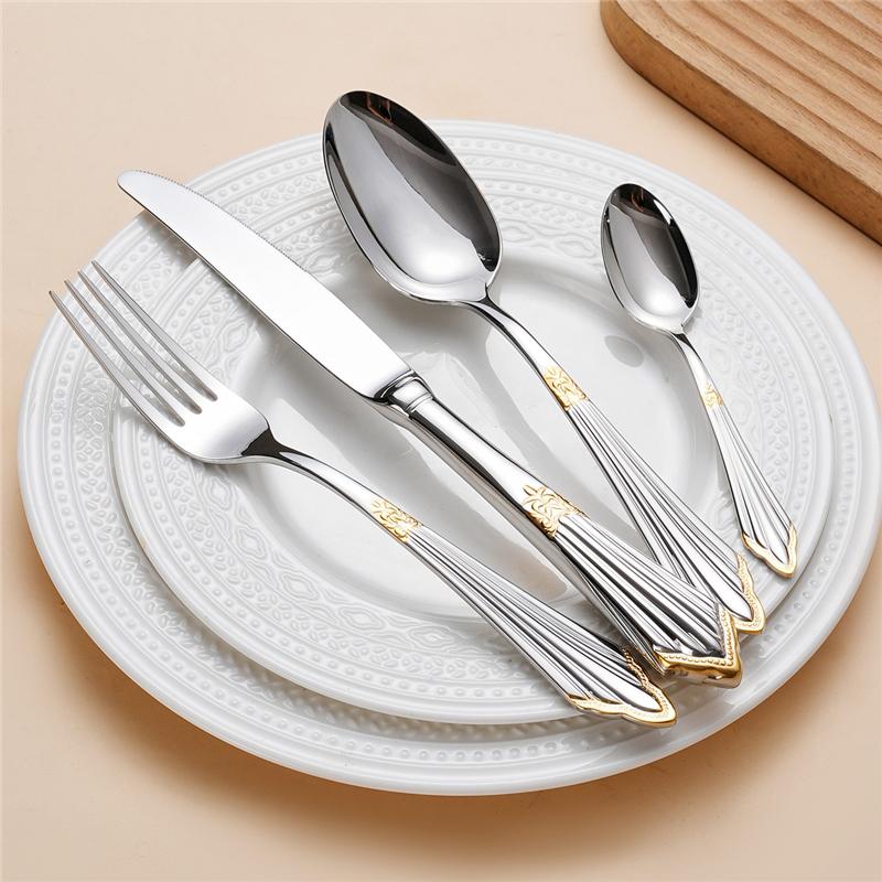 Palace Embossed 304 Stainless Steel Cutlery Set Gold Plated Wedding Table Decoration Forks and Spoons Knifves Luxury Dinnerware