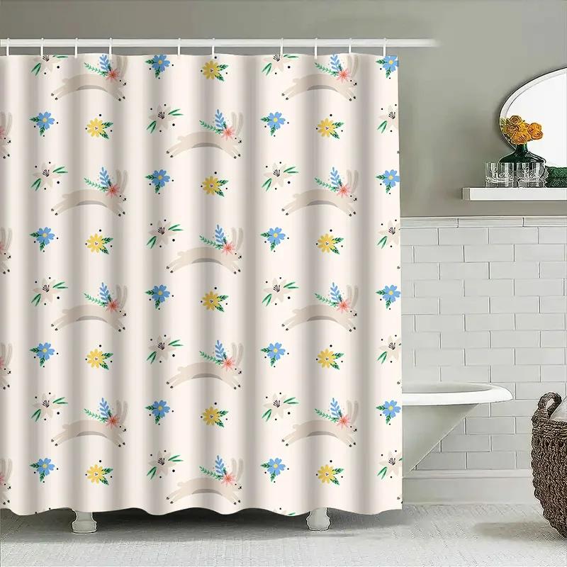 

Vibrant Rabbit Floral Shower Curtain Durable Waterproof Bathroom Decor For Kids Bedroom Pink Yellow Blue Black White Fabric Show W60H190(CM)-1 Pcs