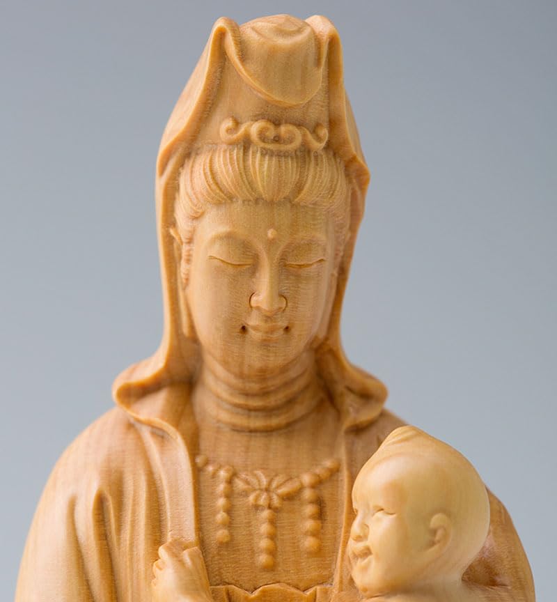 Dsdsad Wooden Buddha Statue, Seated Mother Kannon, Premium Boxwood Wood Carving (10cm Tall X 5.5cm Wide) "Prayer for Safe Childbirth, Guardian of