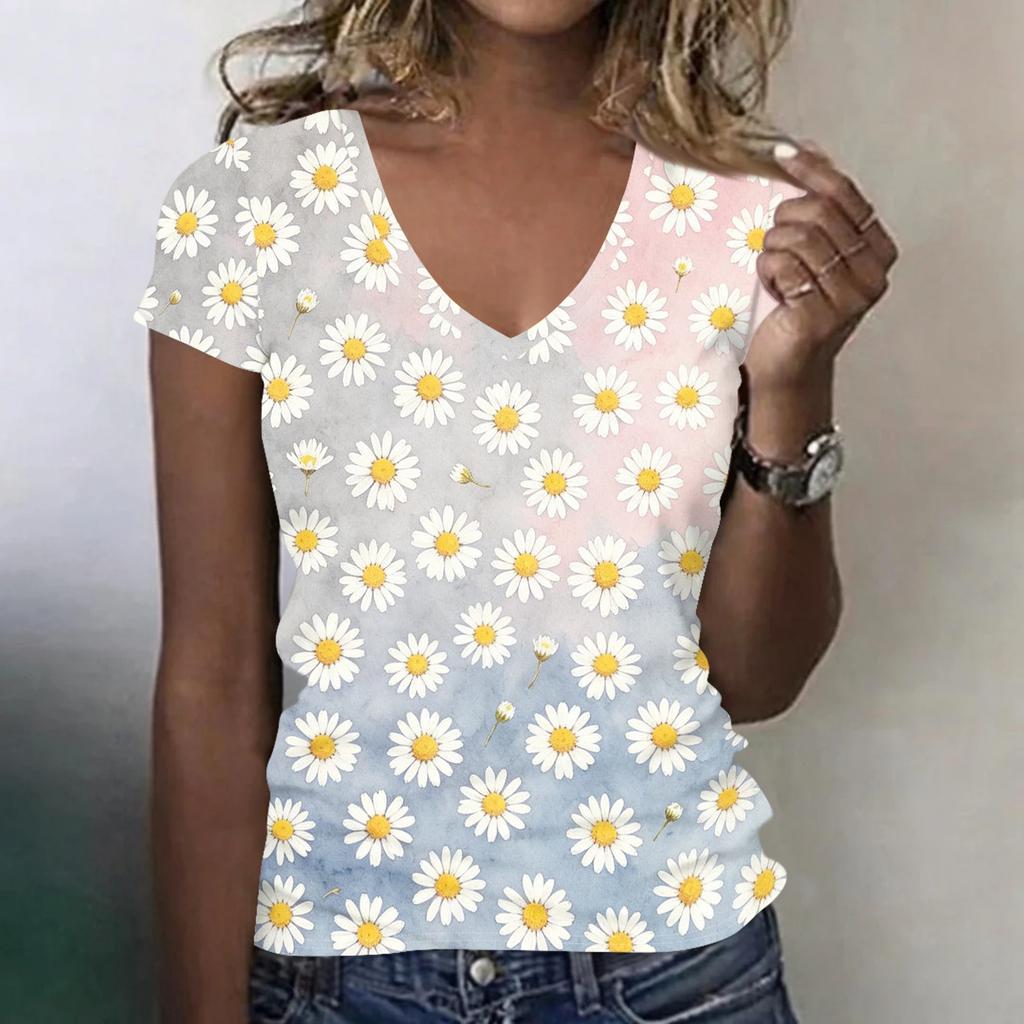 Women Casual V Neck Short Sleeve Floral Print T Shirt Lightweight Soft Fabric Comfortable Fit Summer Top