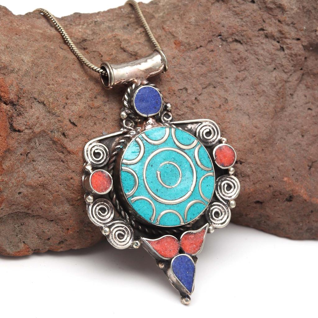 Handmade Tibetan Silver Gemstone Turquoise Red Coral Nepali Necklace Jewelry