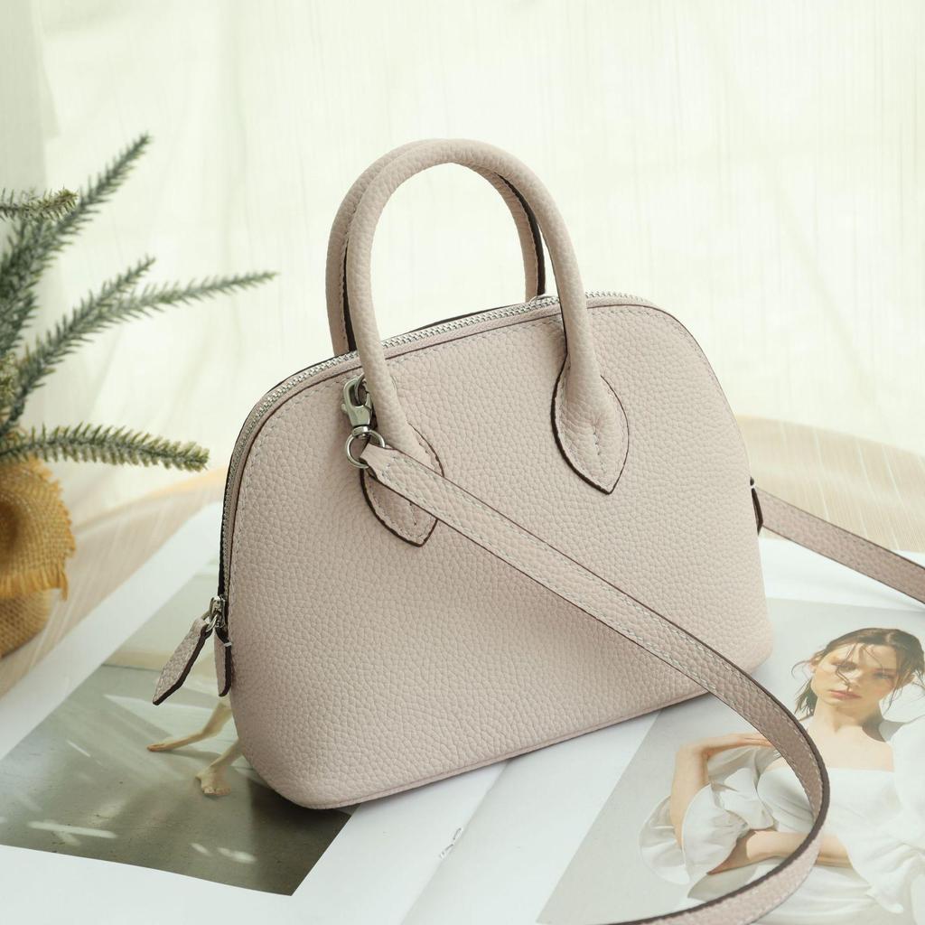 Mini Cowhide Crossbody Bowling Bag with Zipper - Classic Shell Design