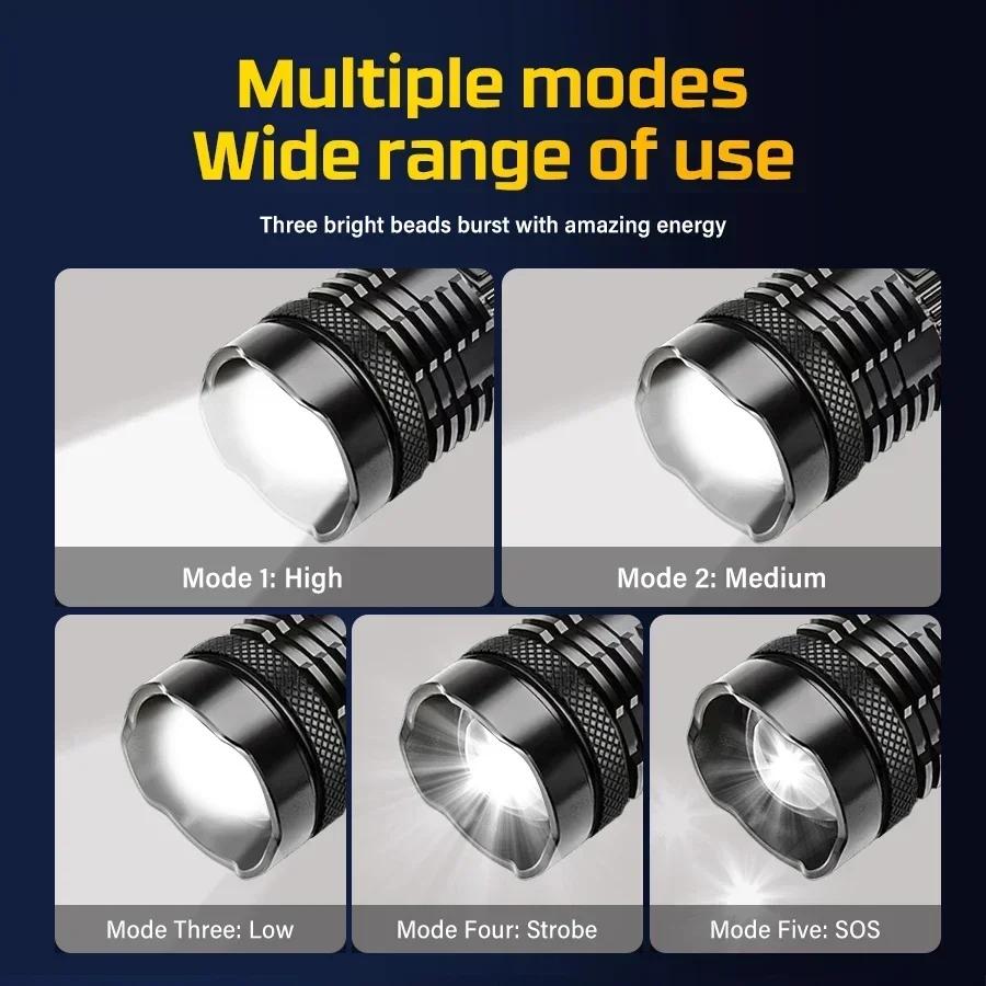 1200LM Super Bright Zoom LED Flashlight 5 Modes USB Rechargeable Tactical Lantern Outdoor Camping Fishing Torch With Power Bank