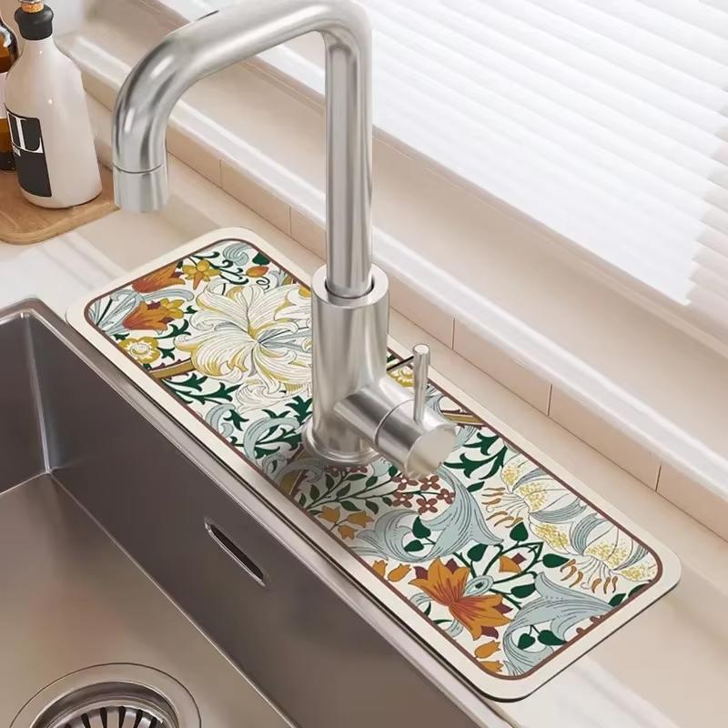 Green Fresh Sink Faucet Mat Kitchen Drain Mat Highly Absorbent Table Mat Diatom Mud Bathroom Non-Slip Mat Waterproof Countertop